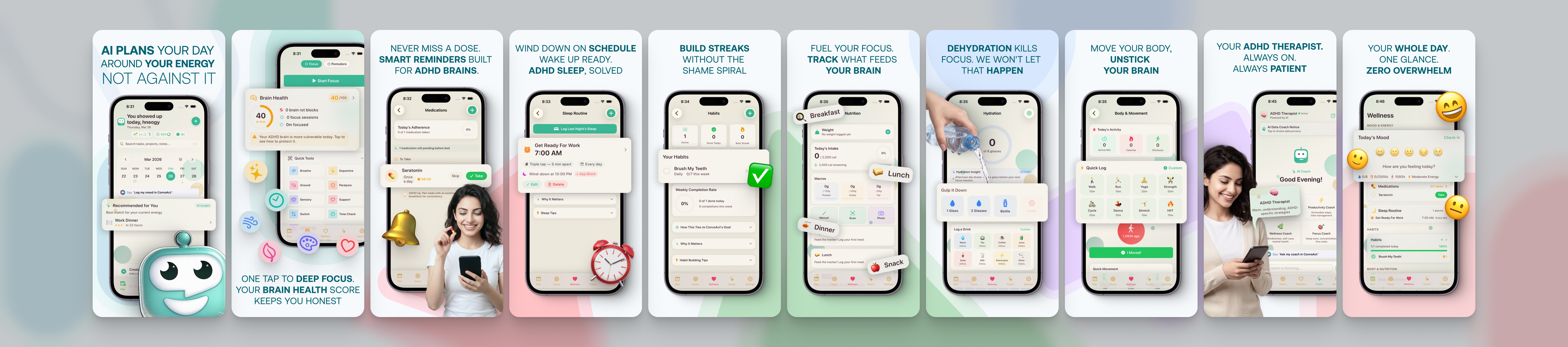 ConvoAct iPhone presentation — all 10 designed screenshots side by side